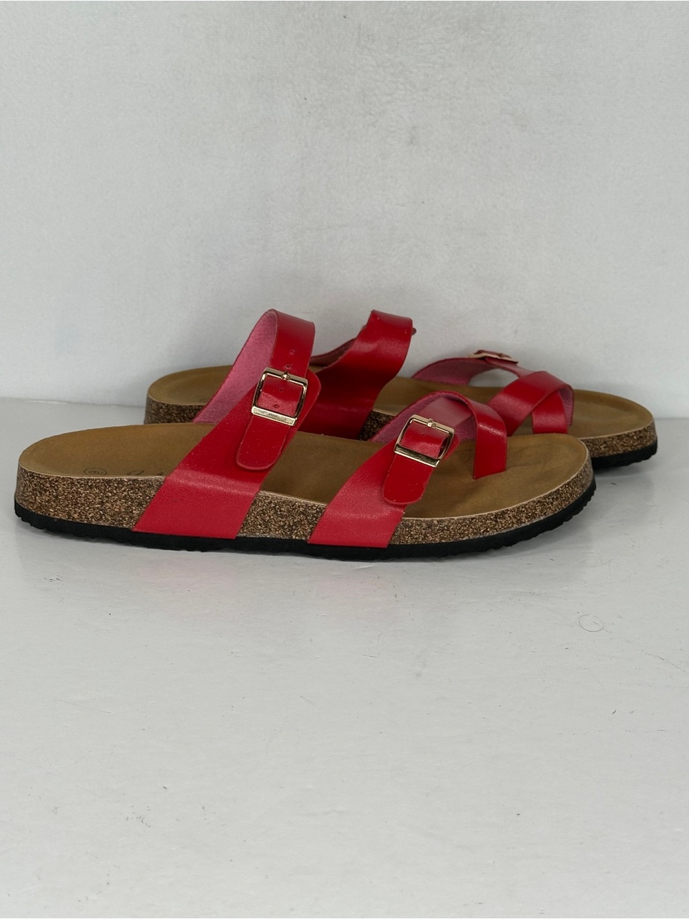 J Mark Red Dual-Buckle Cork‎ Footbed Sandals Faux Leather Strappy Slides Sz 9